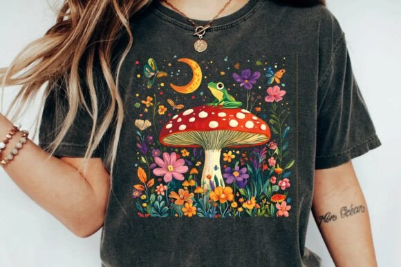 Download Vintage Cottagecore Frog Sitting on Mushroom Moon Flower Garden PNG - Premium Bundle