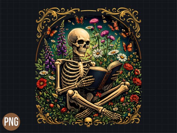 Download Skeleton Reading in Flower Garden PNG - Premium Resources